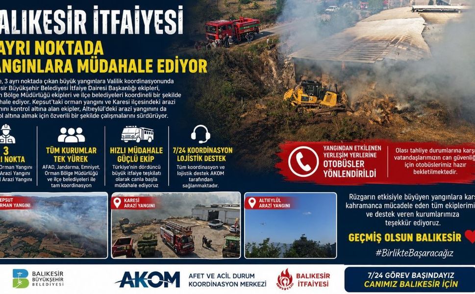 Balıkesir İtfaiyesi, 3 ayrı noktada yangınlara müdahale ediyor